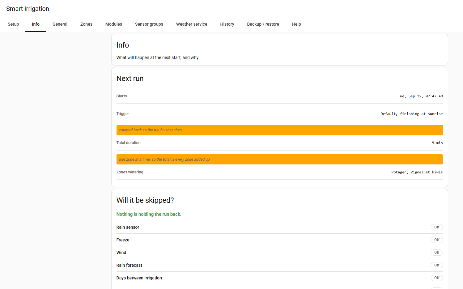 The Info page: the next start and the conditions that would hold it back